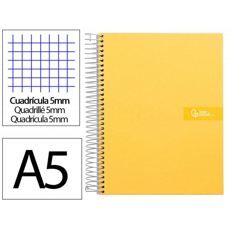 Cahier spirale liderpapel crafty couverture contrecollée a5 240p 90g/m2 5x5mm microperforé 6 trous coloris jaune