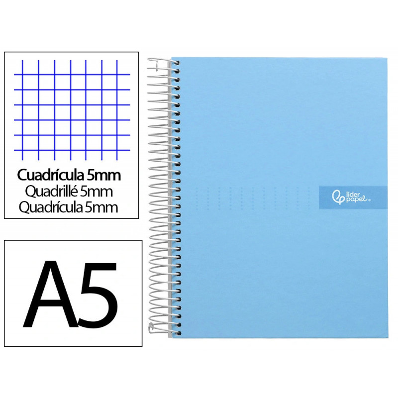 Cahier spirale liderpapel crafty couverture contrecollée a5 240p 90g/m2 5x5mm microperforé 6 trous coloris bleu ciel