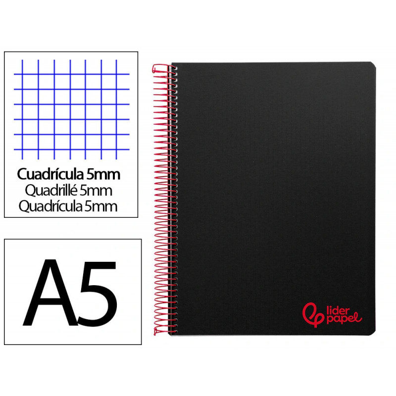Cahier spirale liderpapel a5 micro wonder 240 pages 90g 5x5mm 6 trous 5 bandes couleurs noir