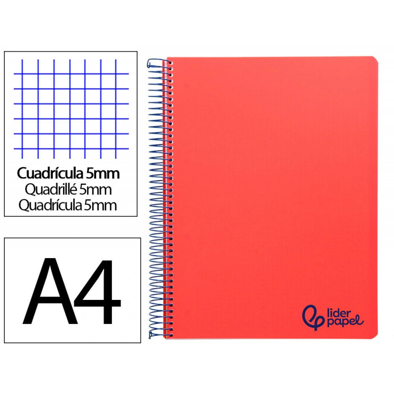 Cahier spirale liderpapel a4 micro wonder 240 pages 90g 5x5mm 4 trous 5 bandes couleurs rouge