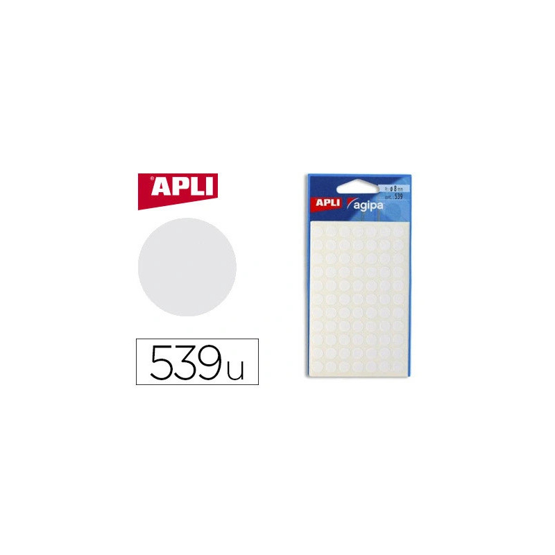 Pastille adhésive apli agipa diamètre 8mm permanente coloris blanc pochette 539 unités