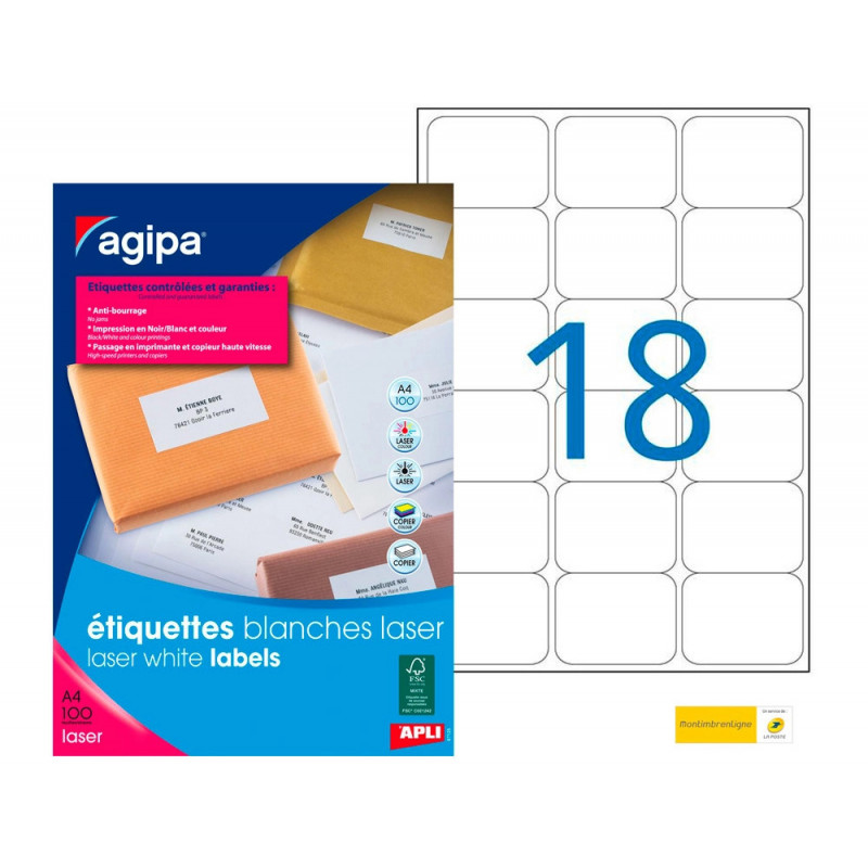 Étiquette adhésive apli agipa imprimante laser copieur 63.5x46.6mm coins arrondis boîte 1800 unités