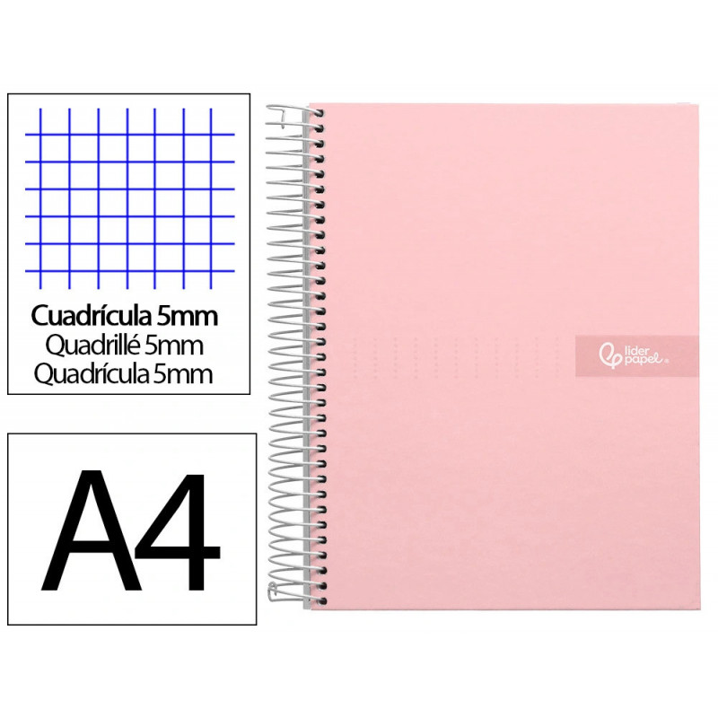 Cahier spirale liderpapel crafty couverture contrecollée a4 240p 90g/m2 5x5mm microperforé 4 trous coloris rose