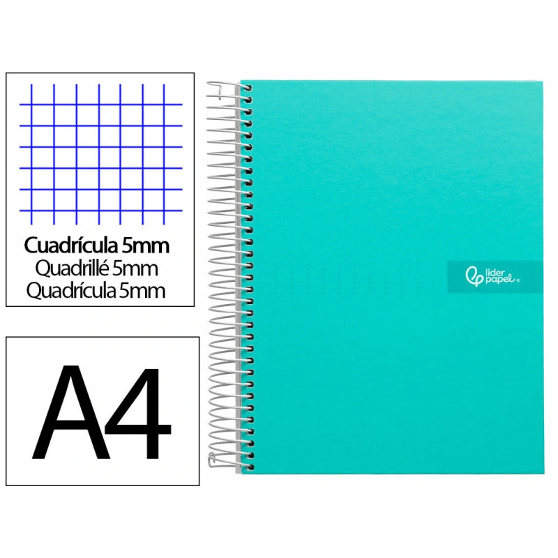 Cahier spirale liderpapel crafty couverture contrecollée a4 240p 90g/m2 5x5mm microperforé 4 trous coloris turquoise