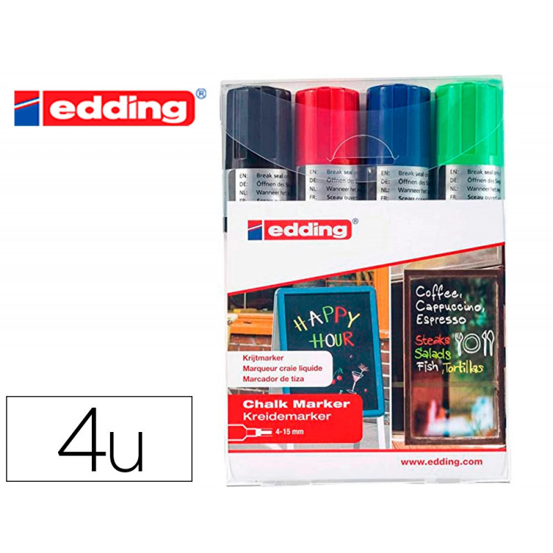 Marqueur edding craie liquide e4095 fenêtre ardoise verre pointe ogive 2 à 3mm assortis pochette 4 unités