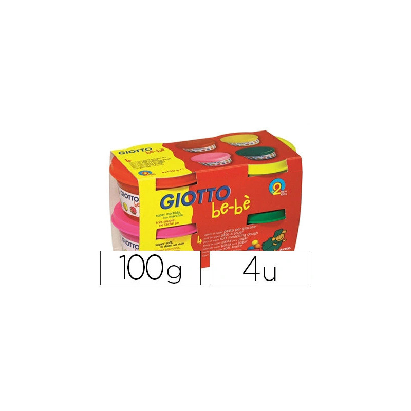 Pâte à modeler giotto be-bè testé dermatologiquement coloris assortis rouge jaune magenta vert 4 pots 100g