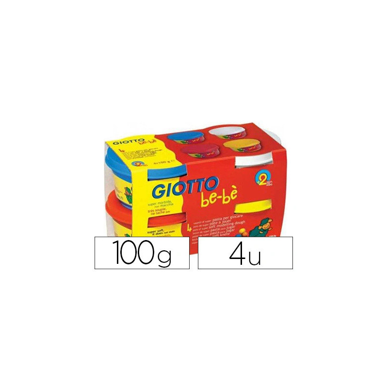 Pâte à modeler giotto be-bè testé dermatologiquement coloris assortis rouge jaune cyan blanc 4 pots 100g