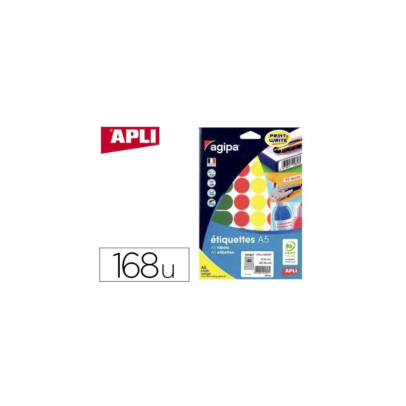 Pastille adhésive apli agipa diamètre 30mm coloris assortis pochette 168 unités