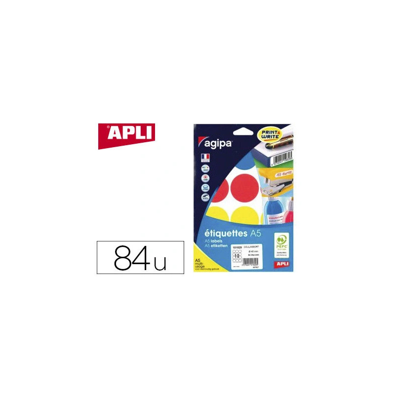 Pastille adhésive apli agipa diamètre 45mm coloris assortis pochette 84 unités