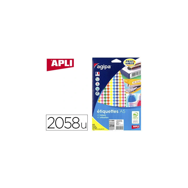 Pastille adhésive apli agipa diamètre 8mm permanente coloris assortis pochette 2058 unités
