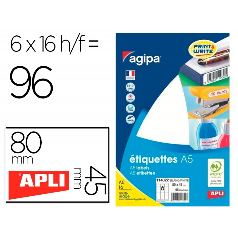 Étiquette adhésive apli agipa 80x45mm multiusage étui a5 96u
