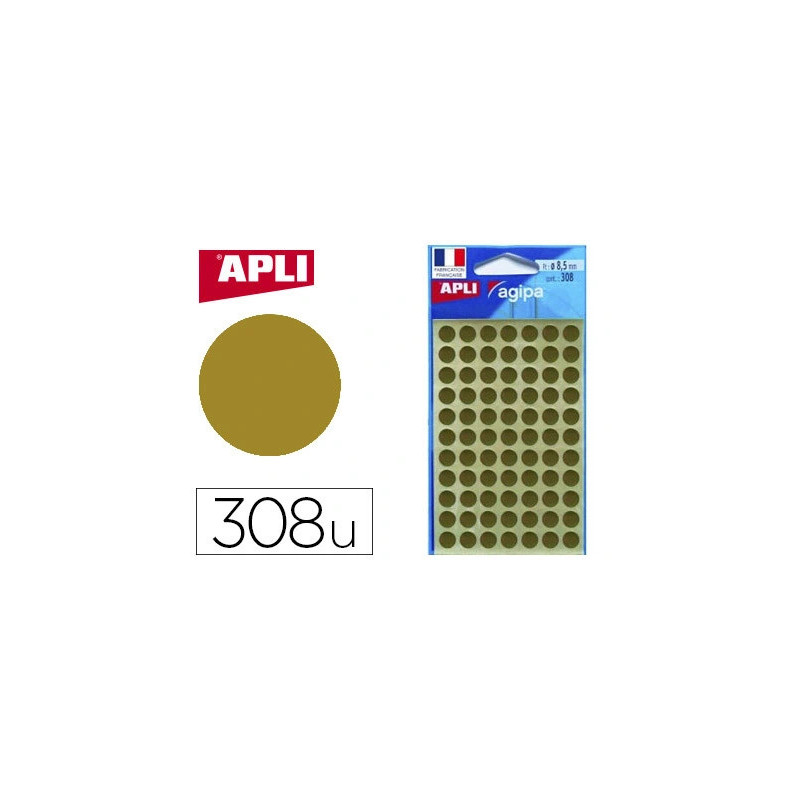 Pastille adhésive apli agipa diamètre 8mm permanente coloris or pochette 308 unités