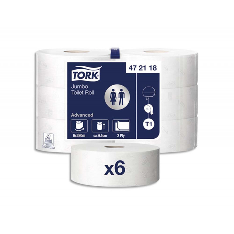 Papier toilette tork jumbo t1 rouleau maxi 360m 9,4cmlarge mandrin 6cm double épaisseur feuille laurier ecolabel pack 6u