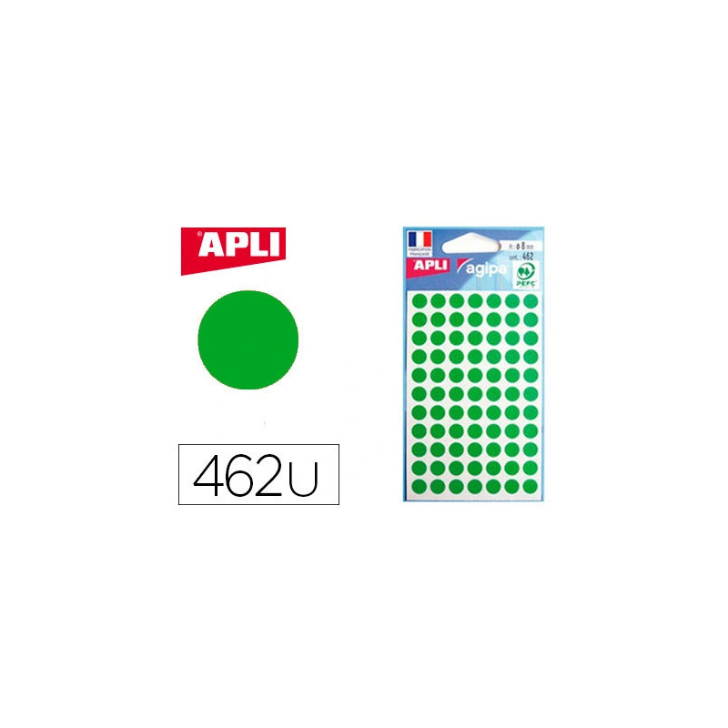 Pastille adhésive apli agipa diamètre 8 mm coloris vert pochette 462 unités