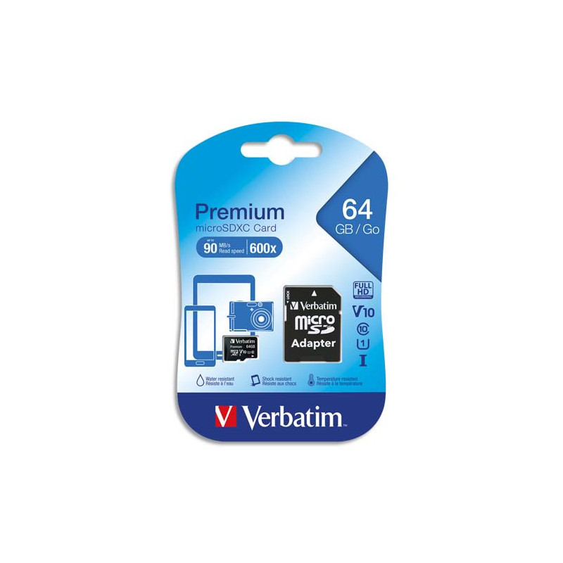 VERBATIM Carte MicroSDHC 64Go+adaptateur Class 10/U1 44084