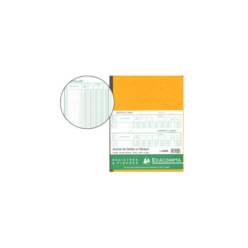 Journal exacompta caisse/banque 250x320mm vertical 33 lignes 80 pages 2 libellés 5 débits 5 crédits