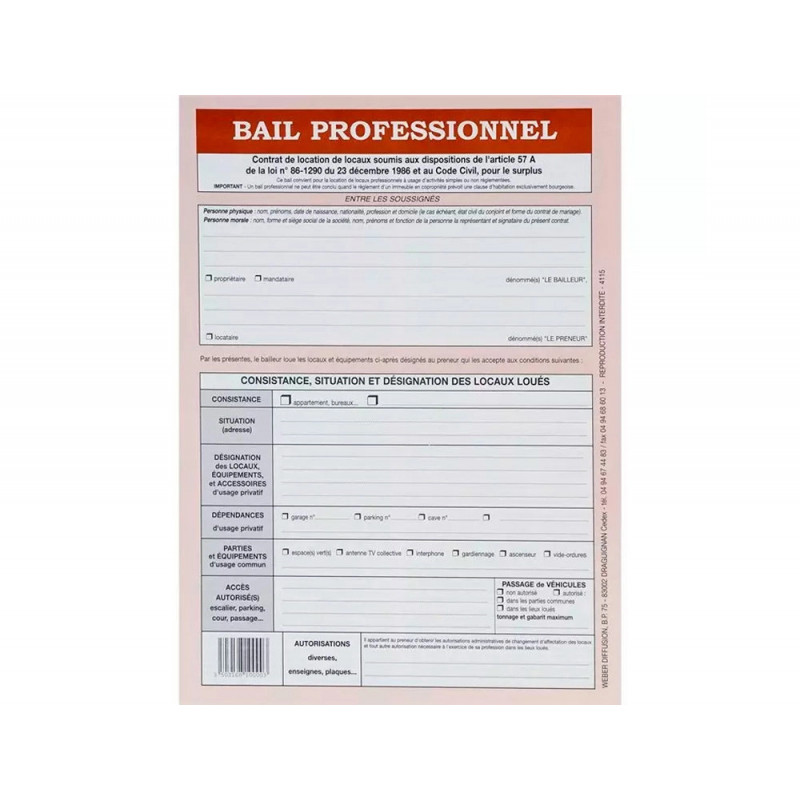 Contrat bail professionnel weber diffusion 8 pages 1 état lieux 1 caution solidaire