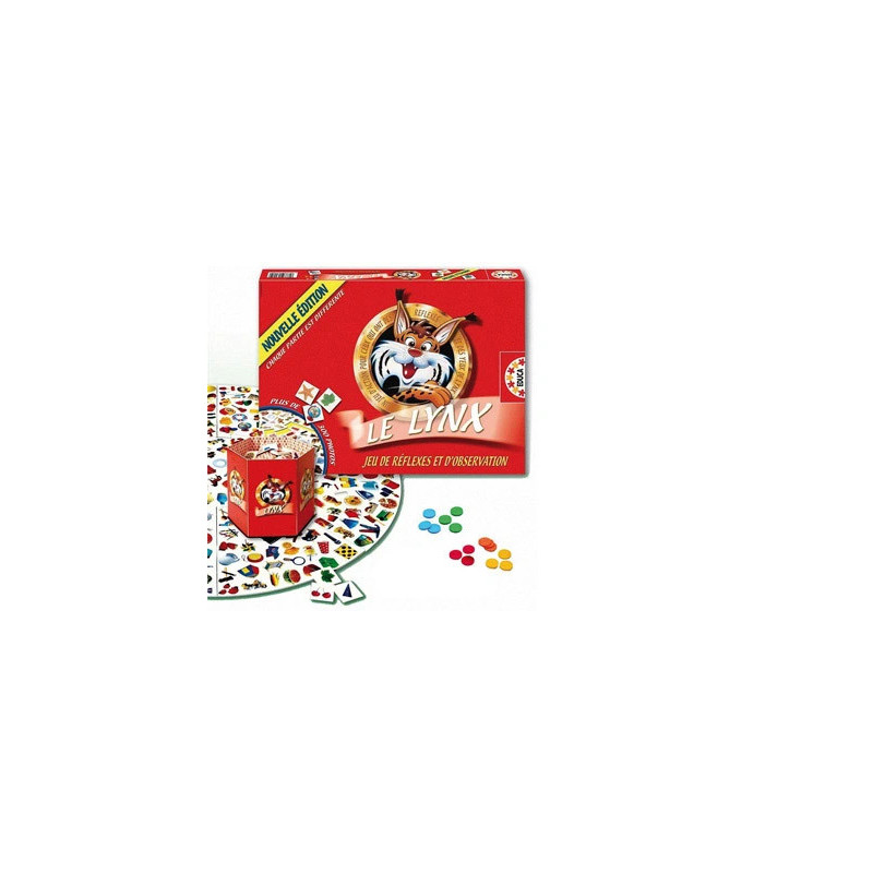 Jeu le lynx contient 1 plateau circulaire 9 pièces 400 cartes d'images 18 jetons 6 coloris 1/6 joueurs