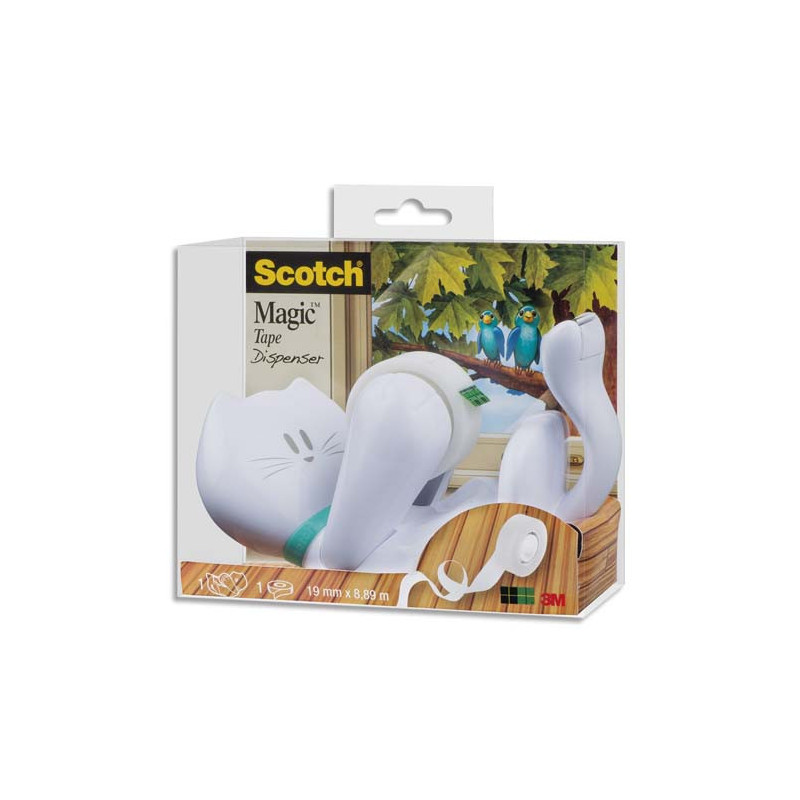 SCOTCH Dévidoir forme Chat avec rouleau adhésif Magic 19mmx7,5m. Livré en Boîte transparente
