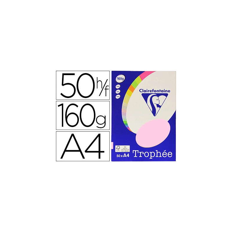Papier couleur clairefontaine trophée personal paper pack a4 160g/m2 rose pastel paquet 50 feuilles unicolores