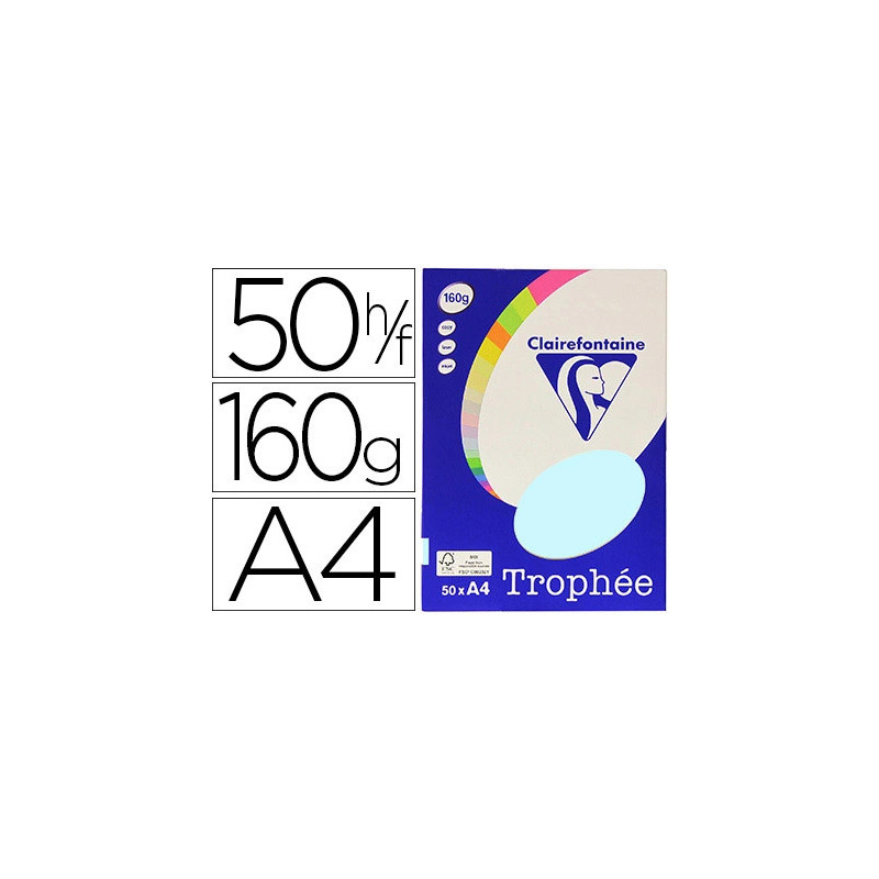 Papier couleur clairefontaine trophée personal paper pack a4 160g/m2 bleu pastel paquet 50 feuilles unicolores