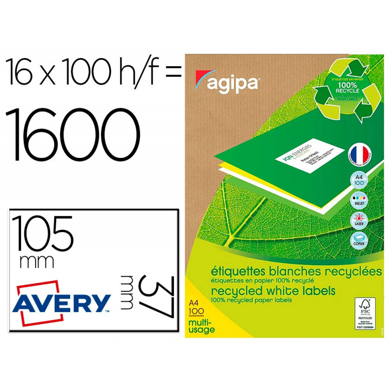 Étiquette adhésive apli agipa 105x37mm recyclée multi-usages adhésif acrylique boîte 1600 unités 100 feuilles a4