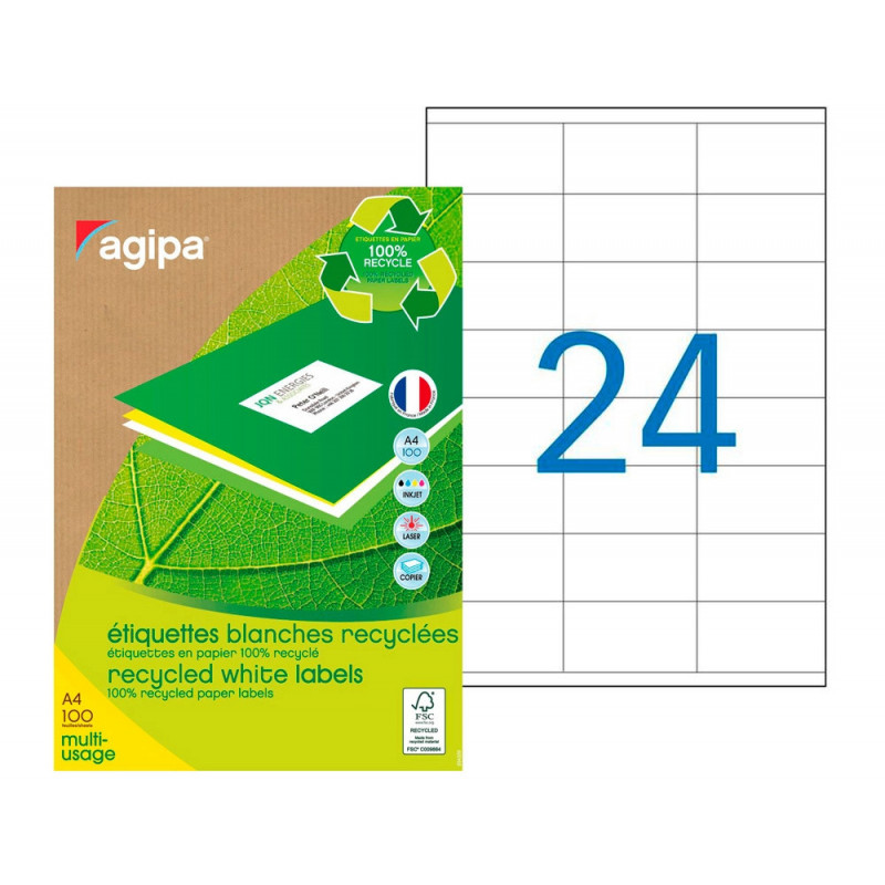 Étiquette adhésive apli agipa multi-usage 70x35mm recyclée acrylique boîte 2400 unités