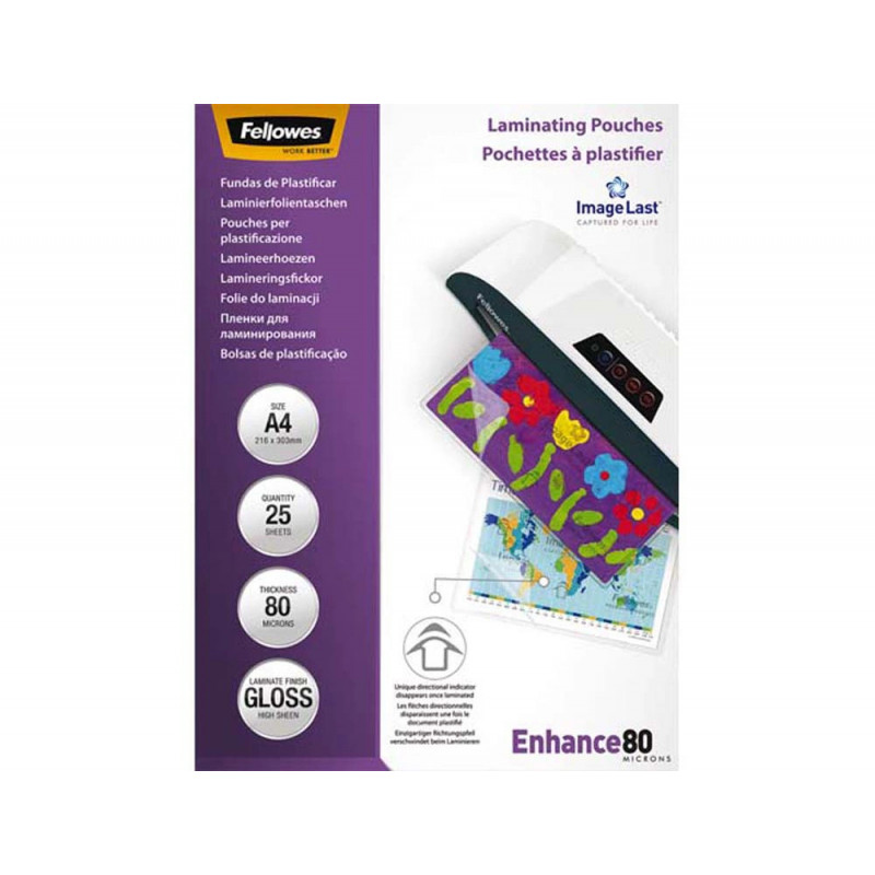 Pochette plastification fellowes à chaud polyester transparent résistant eau format a4 80 microns boîte 25 unités