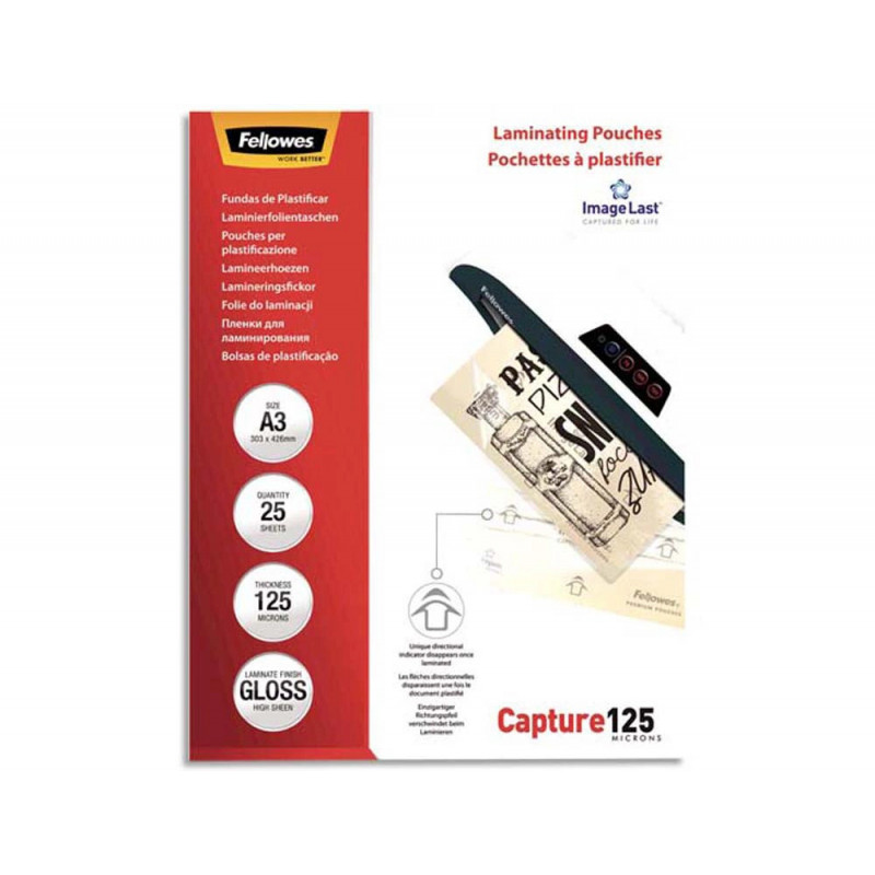 Pochette plastification fellowes à chaud polyester transparent résistant eau format a3 125 microns boîte 25 unités