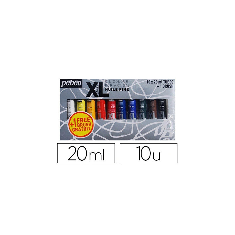 Huile fine pébéo xl 10 tubes assortis 20ml + 1 brosse soie beau blanc offerte