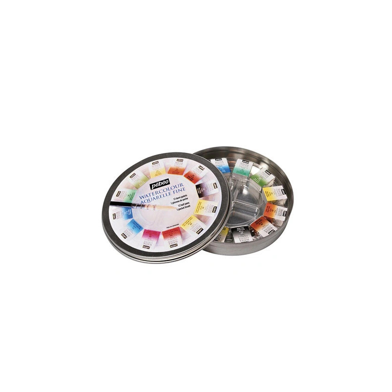 Aquarelle pébéo 1 pinceau aquarelle boîte en métal ronde 12 demi-godets