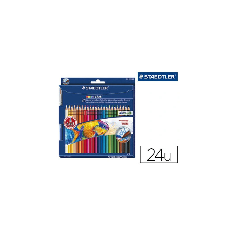 Crayon couleur staedtler noris club aquarell mine 3mm abs anti-casse pinceau inclus coloris vifs étui carton 24 unités