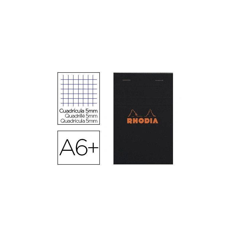 Bloc bureau rhodia a6+ papier vélin surfin couverture enduite enveloppante 110x170mm 80f détachables 80g 5x5mm noir