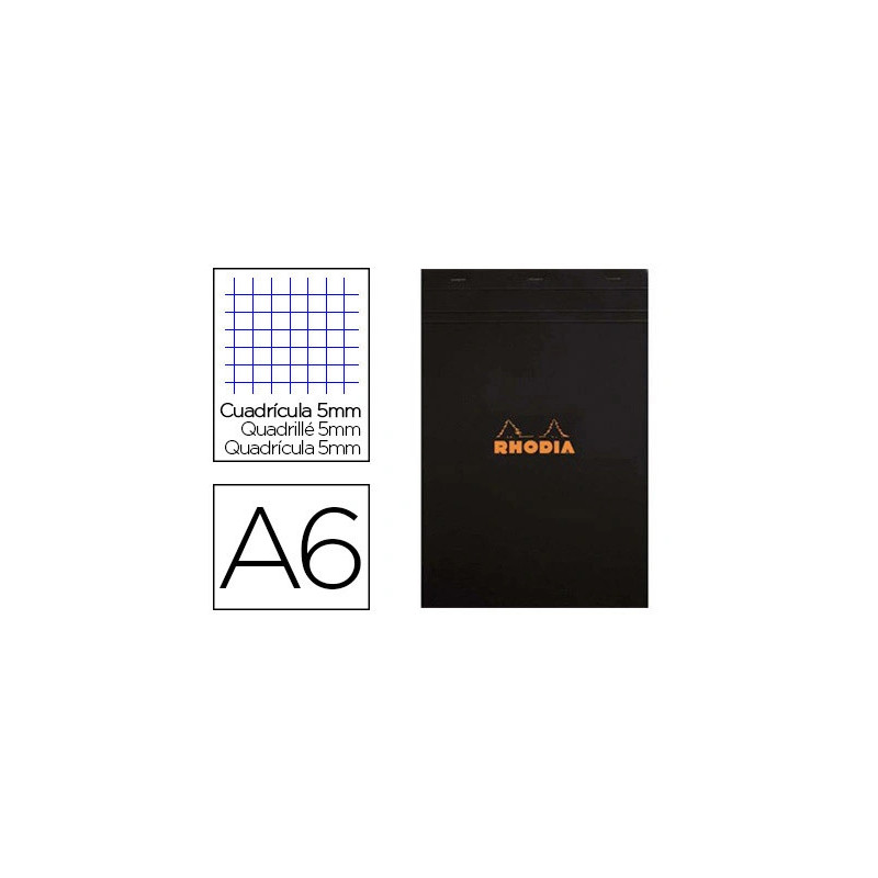 Bloc bureau rhodia a6 papier vélin surfin couverture enduite enveloppante 105x148mm 80f détachables 80g 5x5mm noir