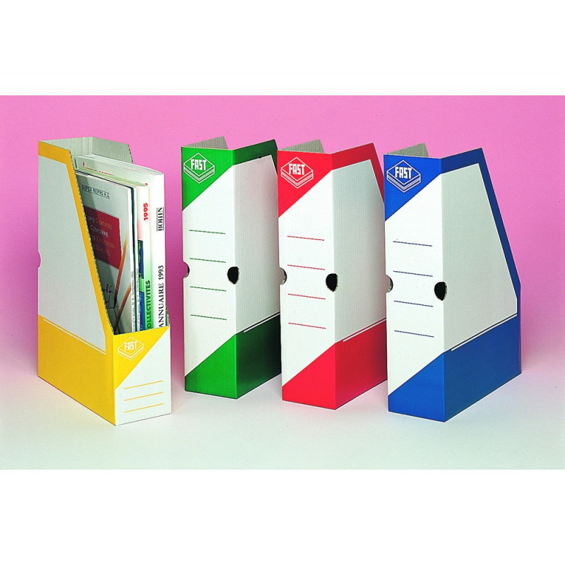 Porte-revues fast carton blanc pan coupé 335x250x80mm impression couleur vernie 2 trous de préhension livré à plat bleu
