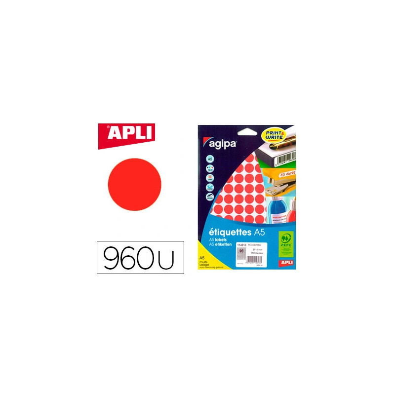 Pastille adhésive apli agipa diamètre 15mm coloris rouge étui a5 pochette 960 unités