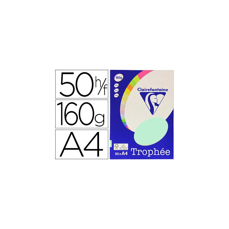 Papier couleur clairefontaine trophée personal paper pack a4 160g/m2 vert pastel paquet 50 feuilles unicolores