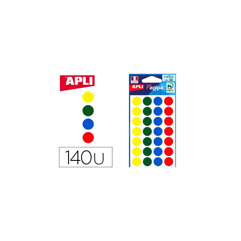 Pastille adhésive apli agipa diamètre 15mm coloris assortis pochette 140 unités