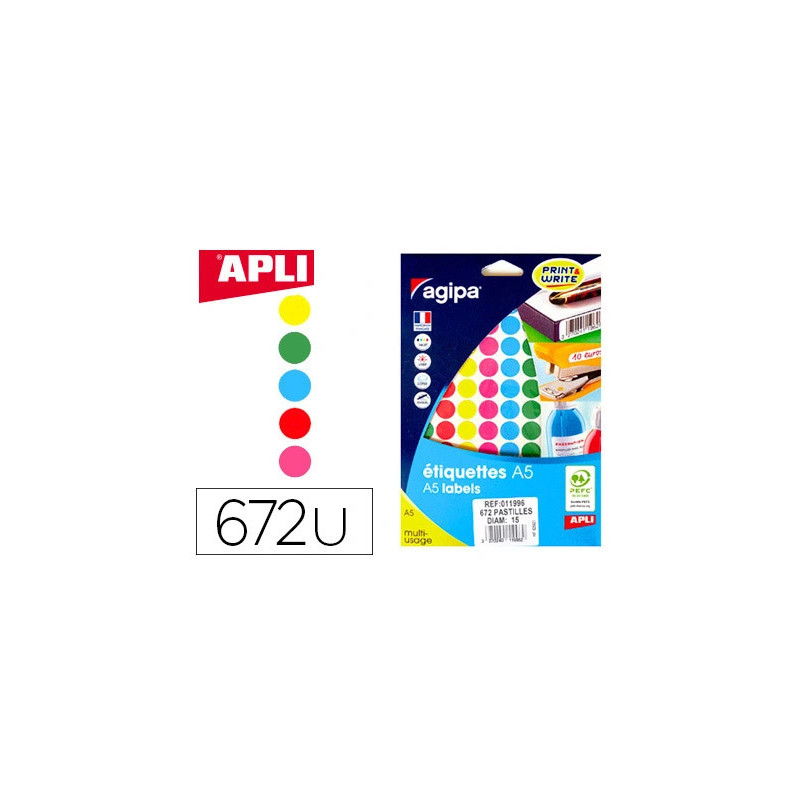 Pastille adhésive apli agipa diamètre 15mm coloris assortis pochette 672 unités