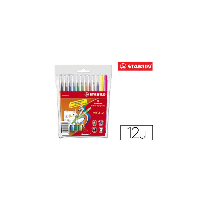 Feutre coloriage stabilo trio triangulaire encre super lavable pointe moyenne pochette 12 unités + 2 fluos