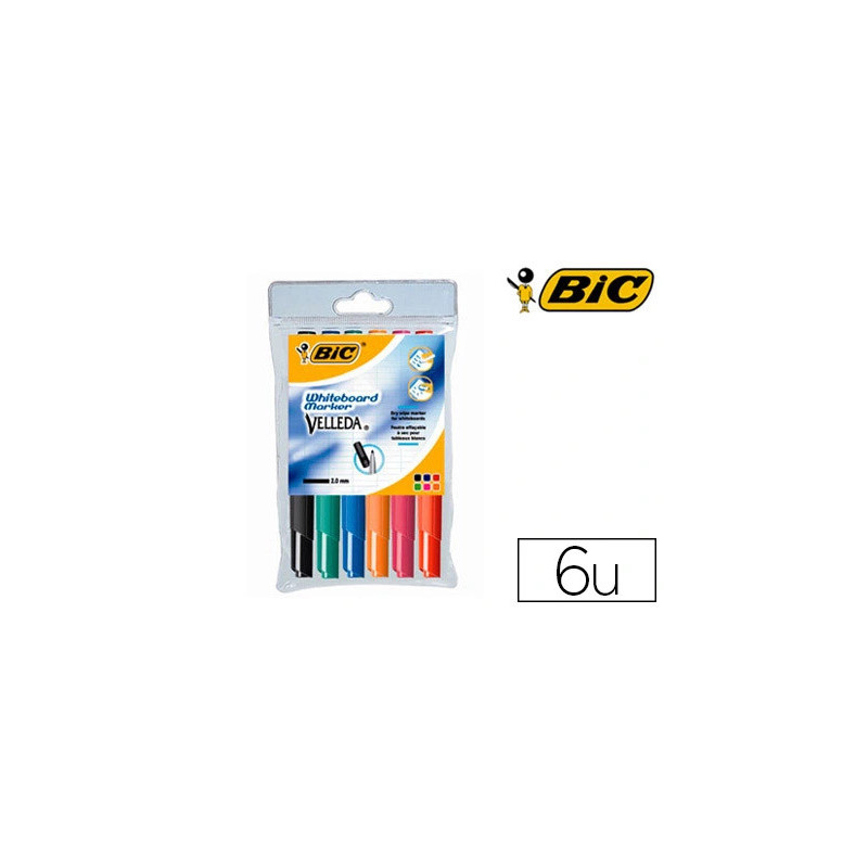 Marqueur bic velleda 1741 effaçable pointe ogive tracé 2mm encre cétone format stylo grande longévité pochette 6 unités