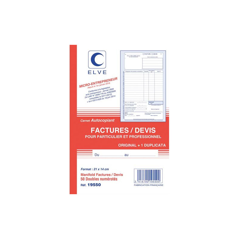 ELVE Manifold entrepreneur autocopiant factures / Devis format 210x140mm. 50 feuillets dupli