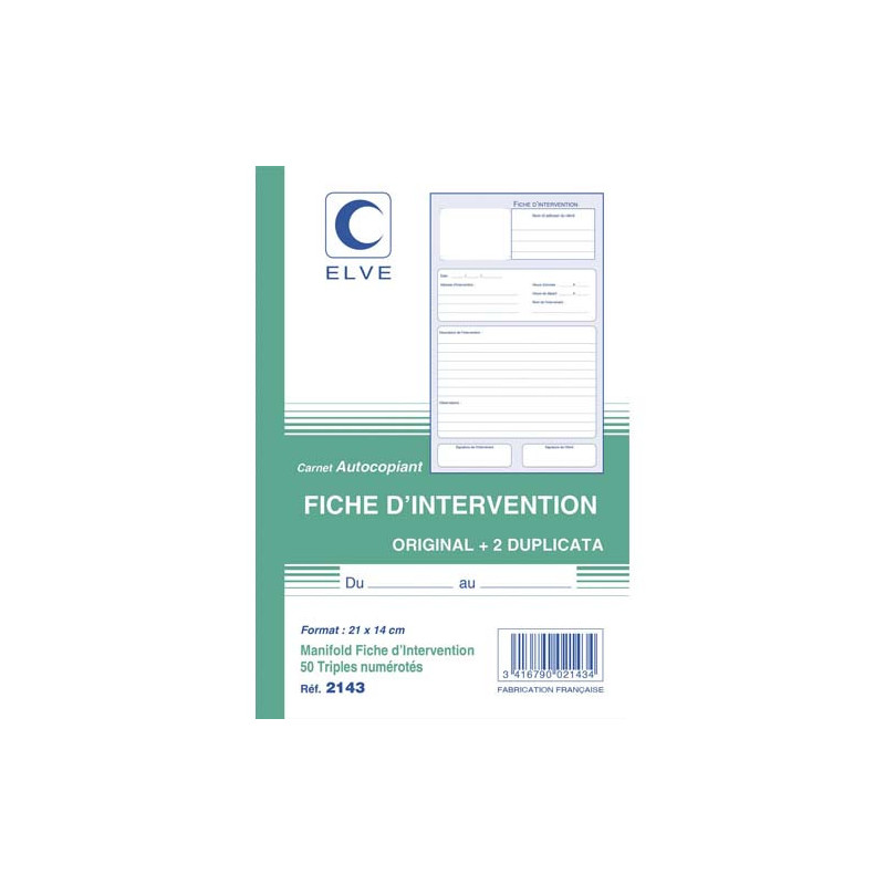 ELVE Manifold ficher d'intervention format 210x140 50 feuillets tripli