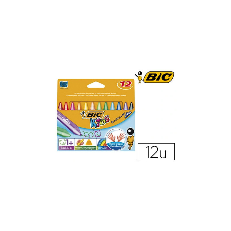 Crayon cire bic kids plastidécor triangle gros 90mm diamètre 12mm résistant non salissant étui carton 12 unités