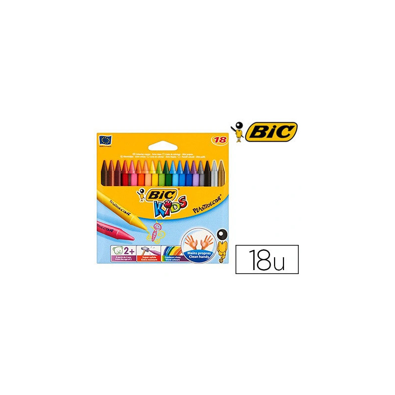 Crayon cire bic kids plastidécor 120mm résistant non salissant étui carton 18 unités