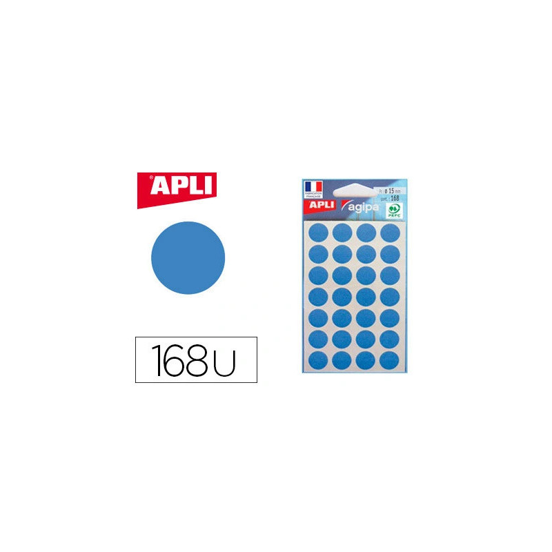 Pastille adhésive apli agipa diamètre 15mm coloris bleu pochette 168 unités