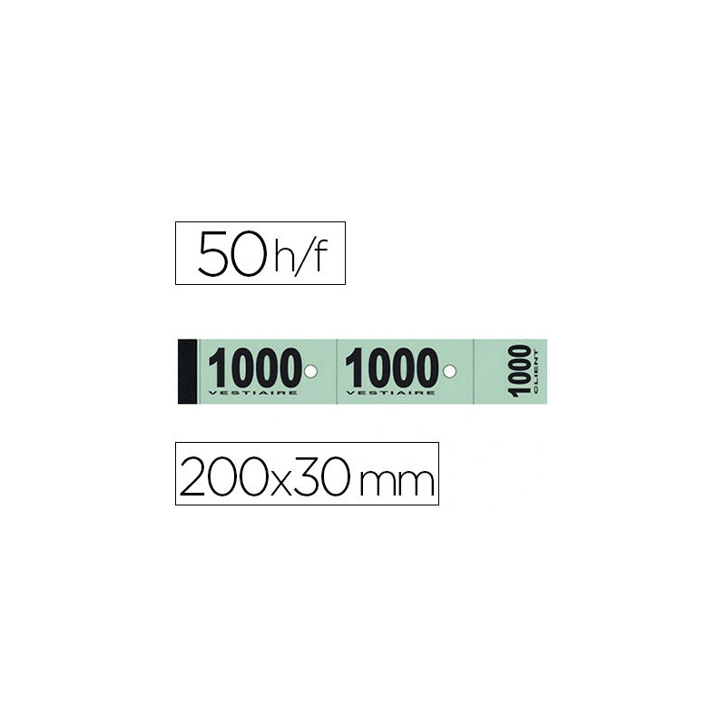 Bloc vestiaire piqué elve 3 coupons perforés détachables numérotés 1/1000 30x200mm 50 feuillets coloris vert