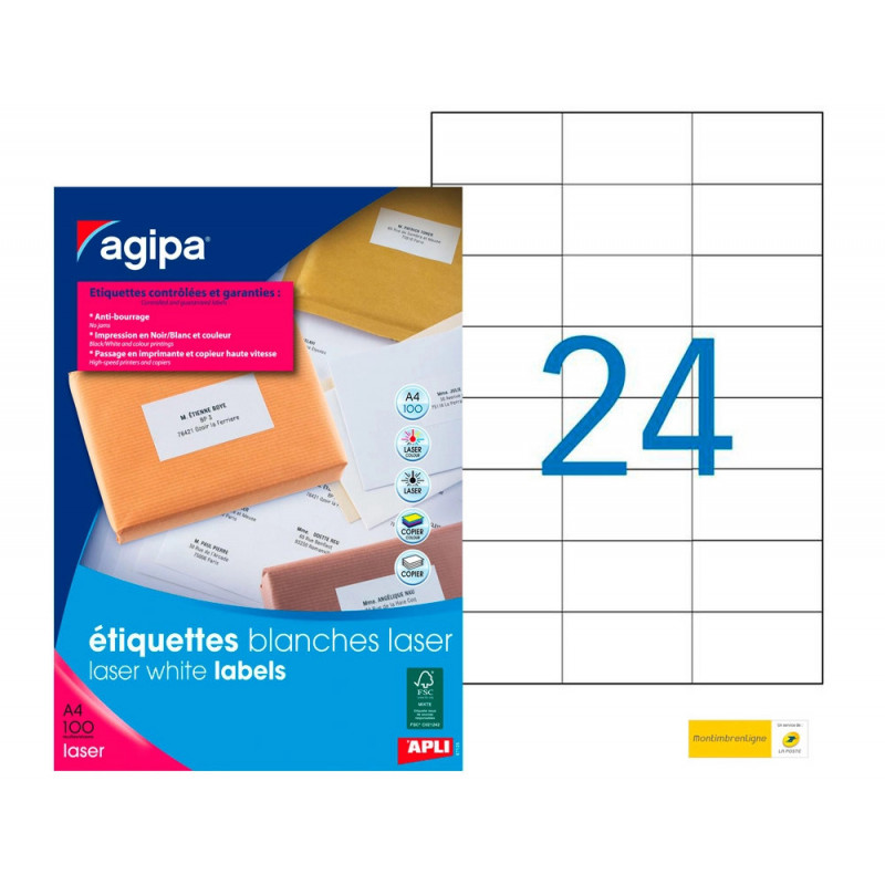 Étiquette adhésive apli agipa imprimante laser copieur 70x37mm boîte 2400 unités