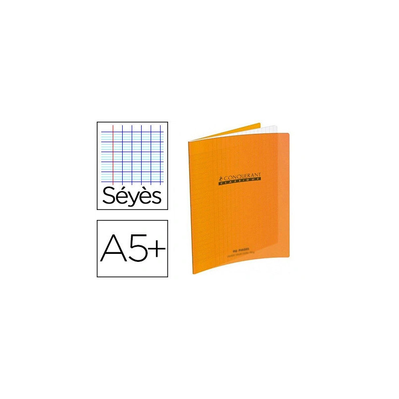 Cahier piqué conquérant classique couverture polypropylène rigide transparente a5+ 17x22cm 60 pages 90g séyès orange