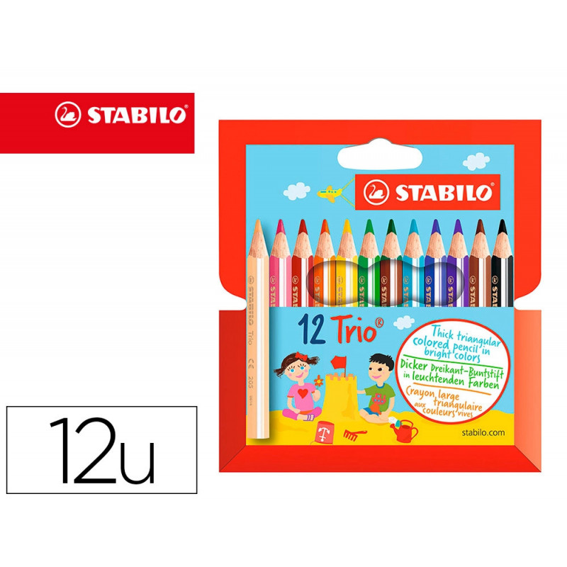Crayon couleur stabilo trio court bois triangulaire 85mm mine large souple 4mm coloriage rapide pochette 12u